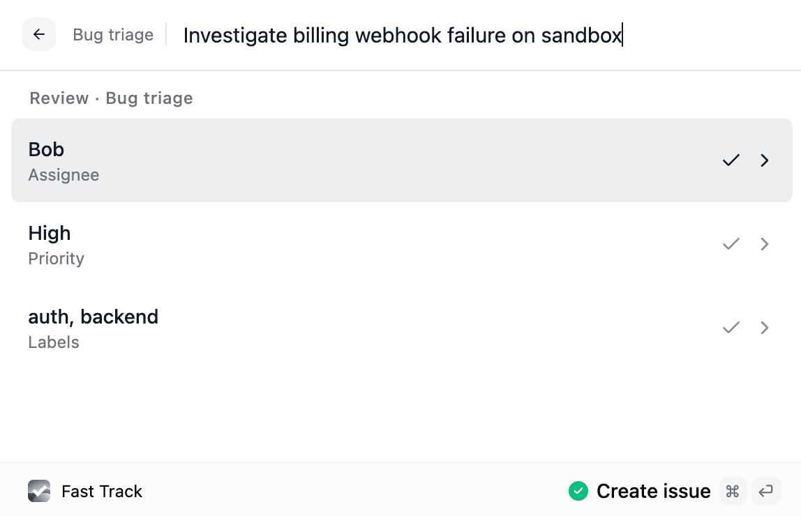 Fast Track review screen with a prefilled bug triage issue ready to create